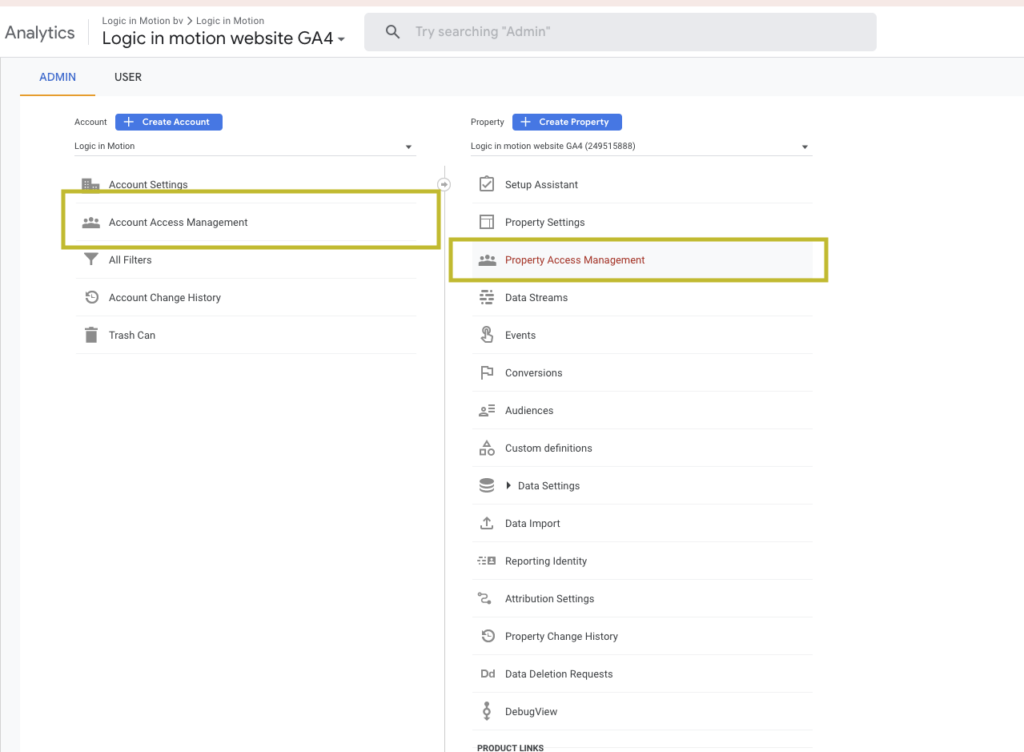 Overzicht instellingen van een Google Analytics account met user management links gemarkeerd