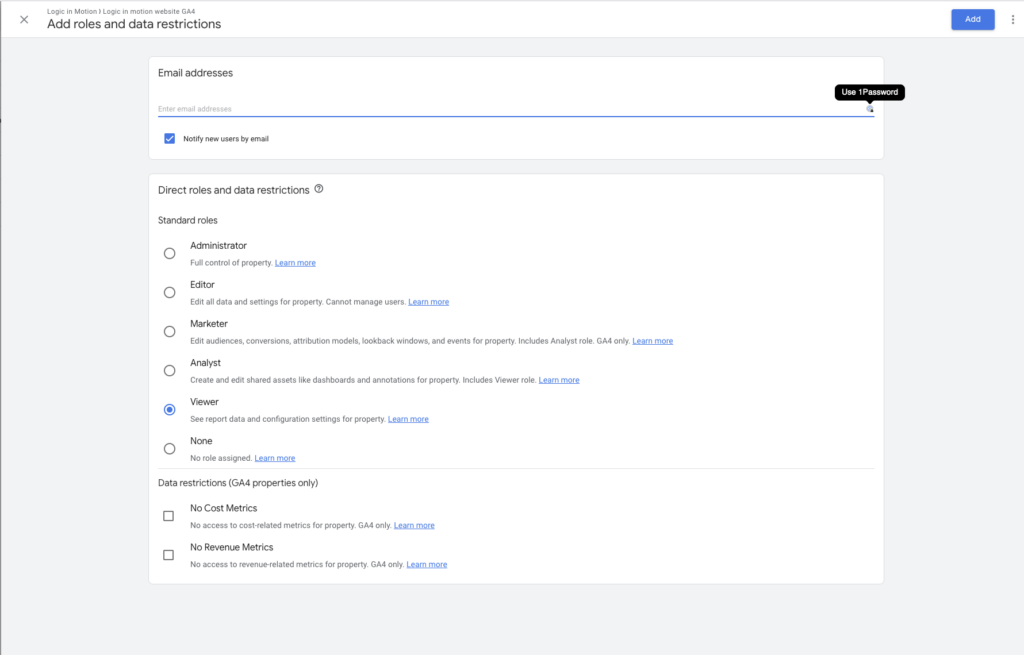 Gebruiker toevoegen formulier op een Google Analytics account